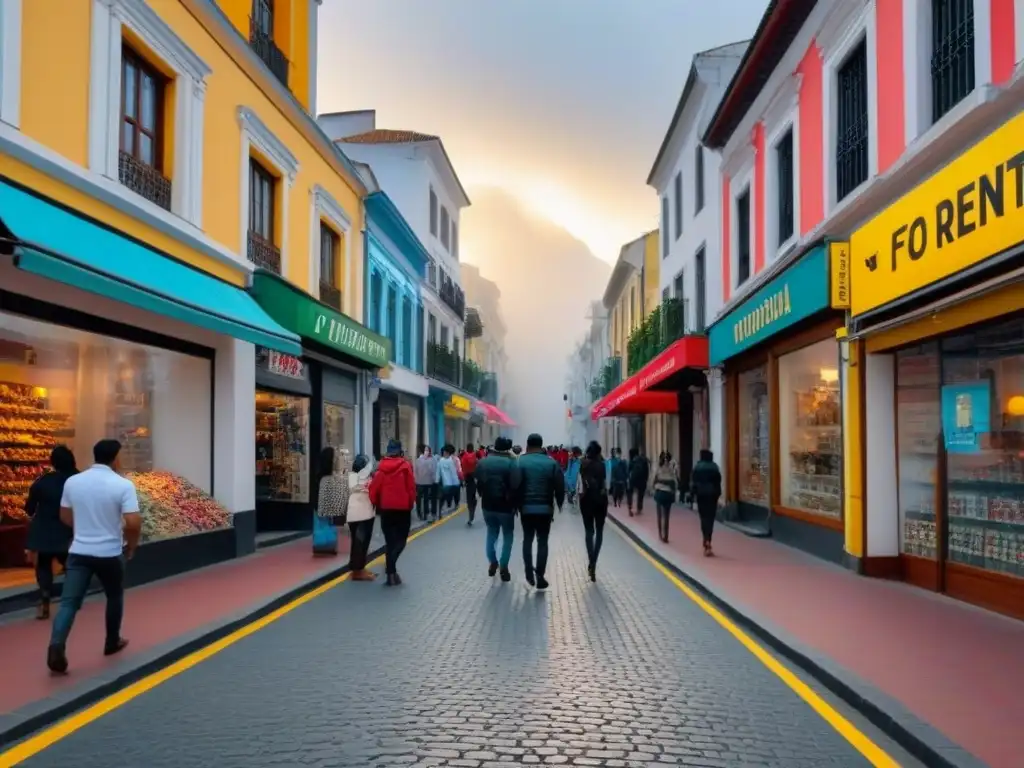 Transformación comercial en ciudad sudamericana postpandemia Calles comerciales de Sudamérica postpandemia: tiendas cerradas y abiertas con letreros de 'Se Alquila', compradores con mascarillas y distanciamiento social, reflejando la evolución y resistencia del mercado inmobiliario