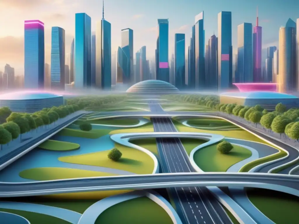 Comparación hipotecaria: estabilidad vs Dos caminos divergentes en una ciudad futurista representando la comparativa hipotecas tasa ajustable y fija