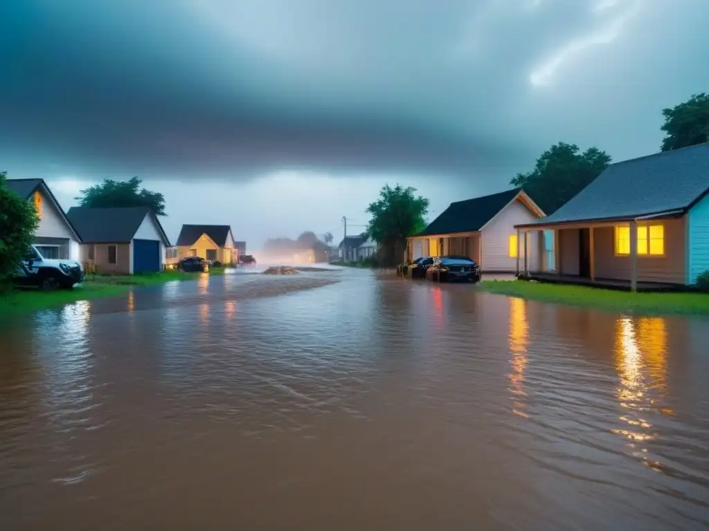 Caos y devastación: Inundación en zona residencial Caos y desolación en inundación, casas sumergidas en agua, evacuación y vehículos de emergencia