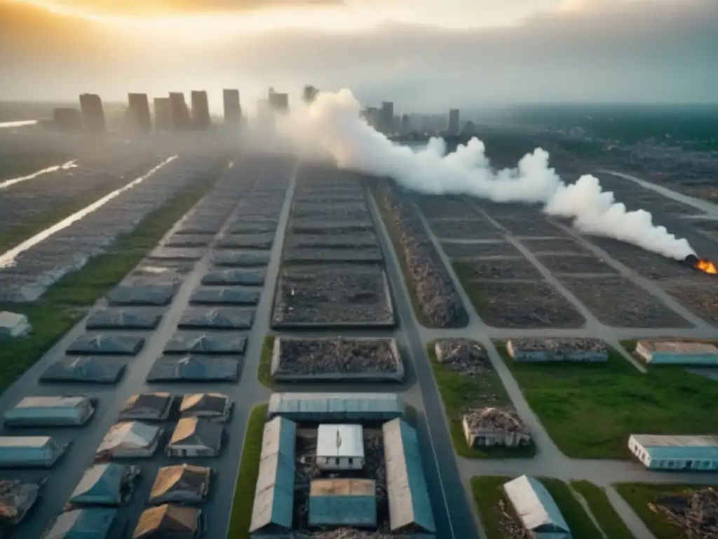 Desastre natural: Ciudad devastada en 8k ultra realista Desolación y caos en la ciudad tras un desastre natural, con edificios destruidos y esfuerzos de rescate