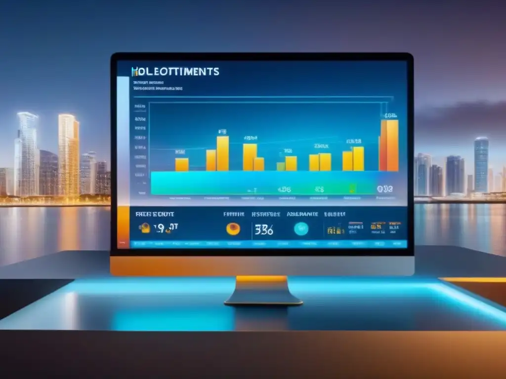 Portafolio inmobiliario diversificado en holograma 8k Interfaz holográfica muestra cartera diversificada de inversión inmobiliaria