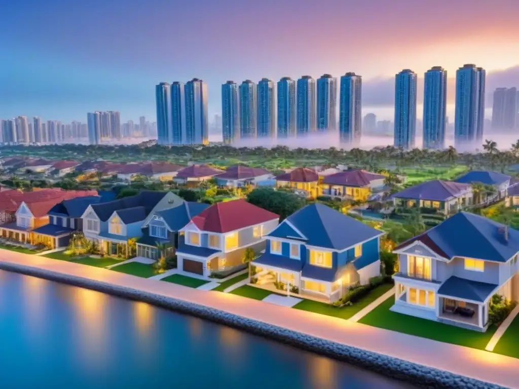 Portafolio diversificado de inversión inmobiliaria para crecer y prosperar Una cartera diversificada de inversión inmobiliaria que muestra propiedades residenciales, comerciales y de alquiler vacacional en distintas ubicaciones