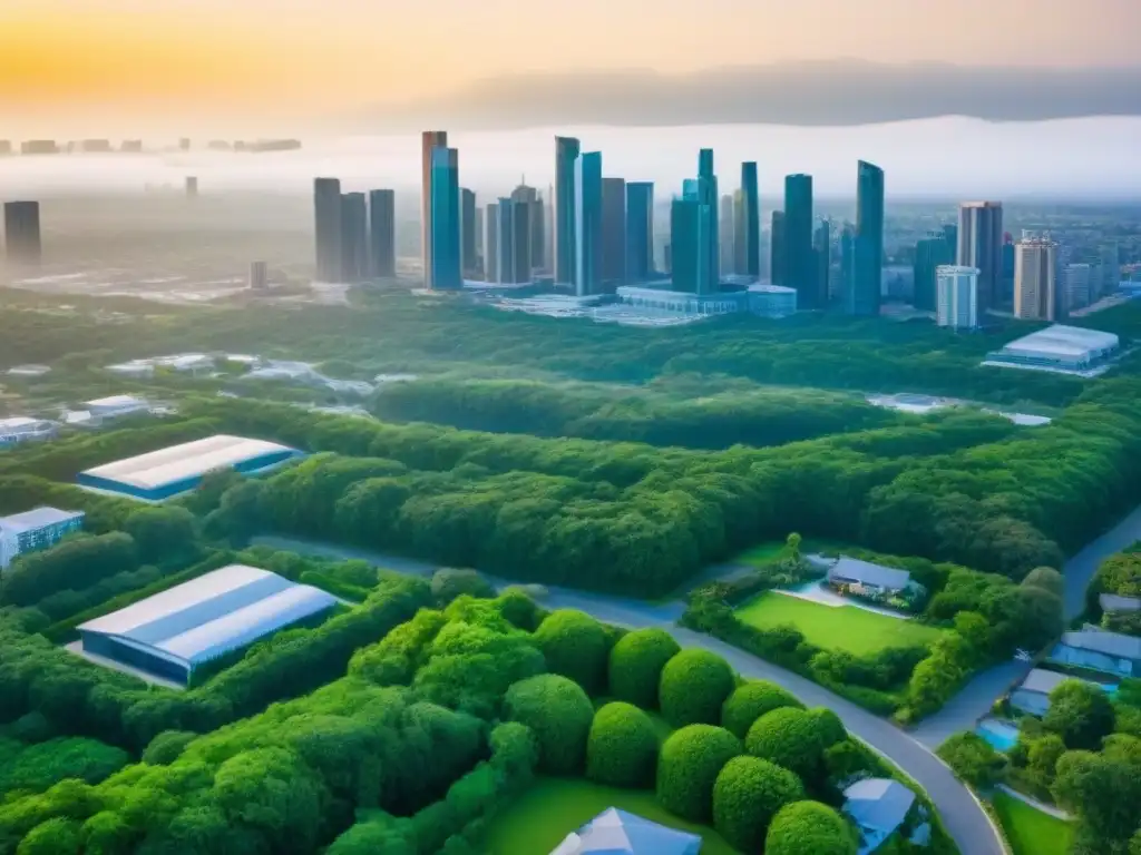 Diversidad arquitectónica: portafolio inmobiliario estratégico Una cartera inmobiliaria diversificada, con propiedades residenciales, comerciales e industriales, rodeadas de vegetación exuberante y arquitectura moderna, y un bullicioso paisaje urbano de fondo