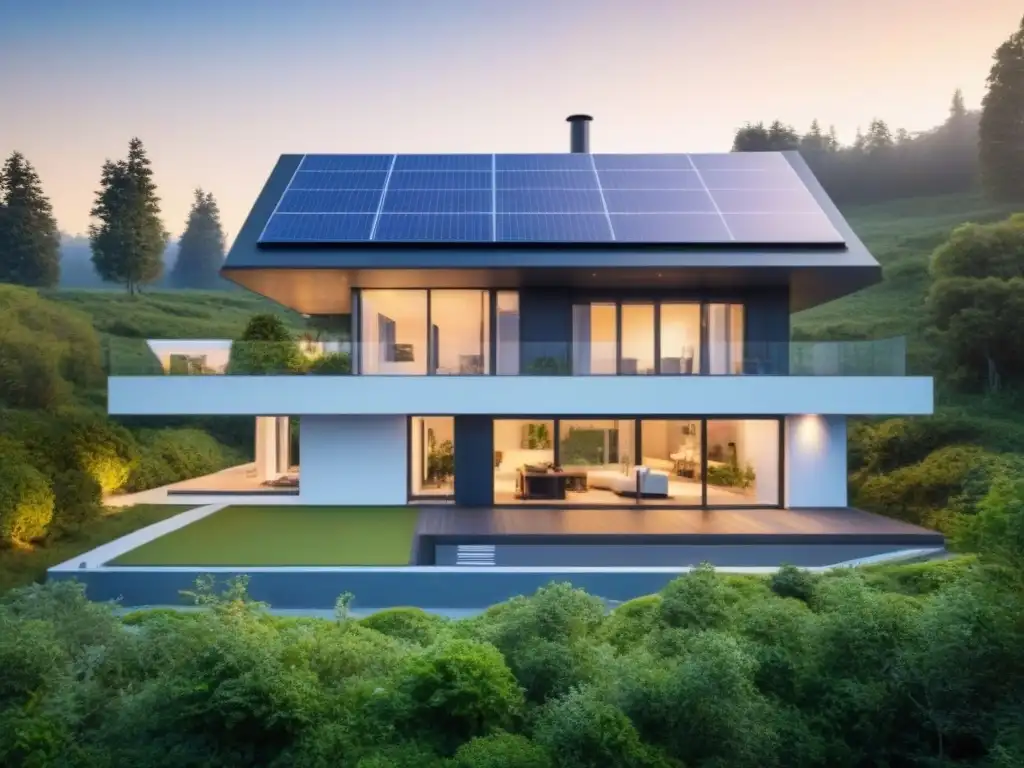 Futuro sostenible: hogar ecoamigable resistente al clima extremo Una casa futurista y ecológica resistente a cambios climáticos, con paneles solares y techo verde, rodeada de naturaleza