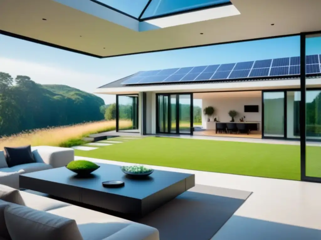 Diseño eco-sostenible: casa moderna en paisaje verde Una casa futurista y moderna con diseño eficiente, paneles solares, tejado verde, rodeada de naturaleza