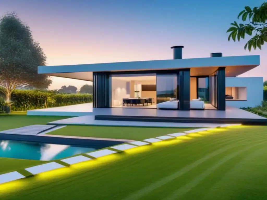 Smart Home de Lujo: Innovación Inmobiliaria 8k Una casa inteligente futurista con innovadores servicios inmobiliarios, tecnología avanzada y diseño de lujo