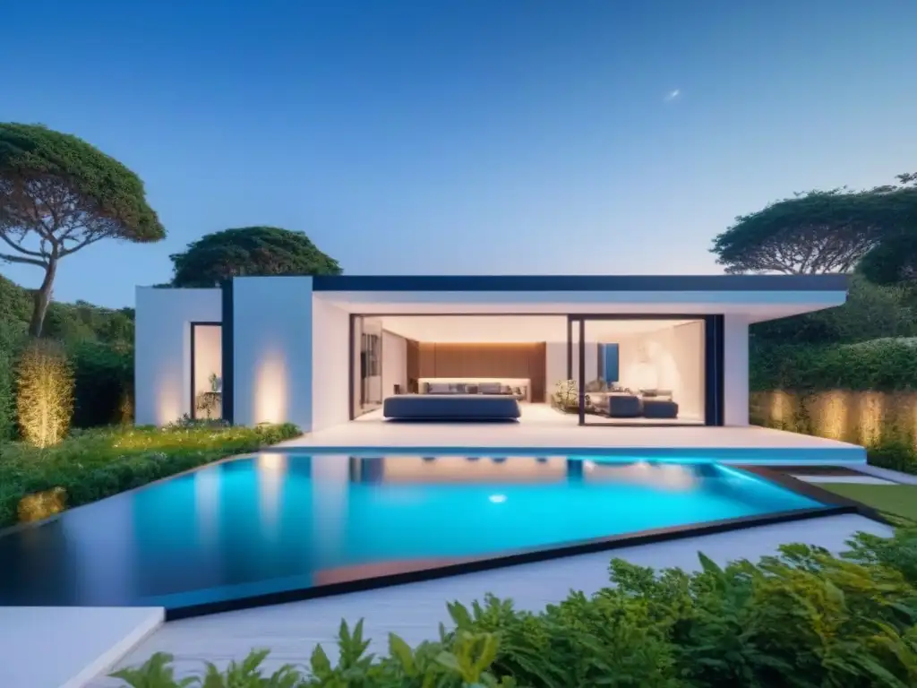 Smart home futurista: tecnología avanzada y diseño sofisticado Casa inteligente futurista integrada con tecnología avanzada y diseño sofisticado, rodeada de vegetación exuberante