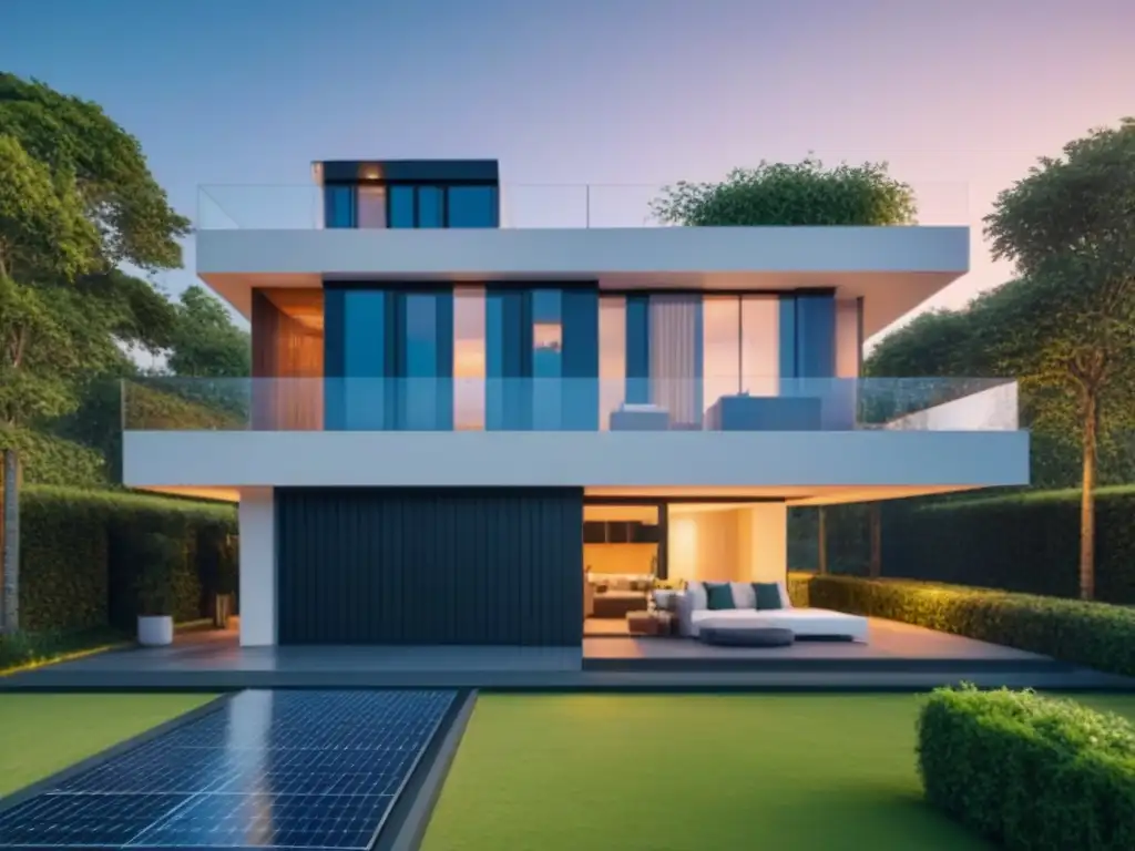 Smart home fortificada con tecnología para desastres naturales Una casa inteligente moderna y fortificada con medidas avanzadas contra desastres naturales, rodeada de naturaleza