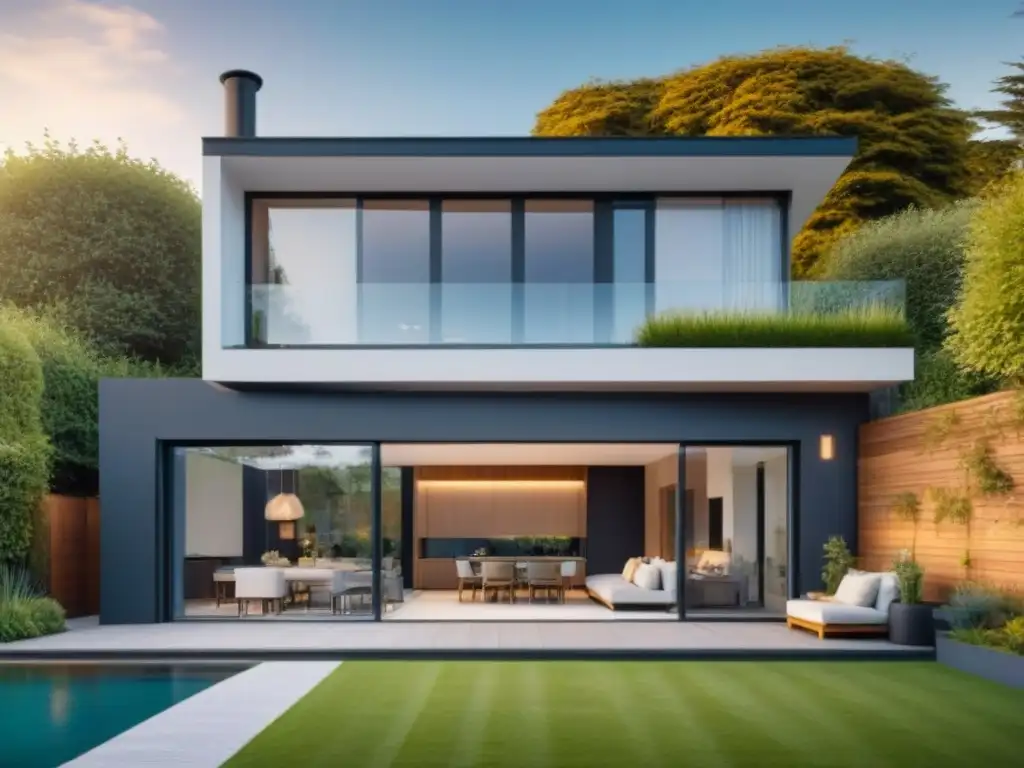 Casa moderna con diseño único, rodeada de jardín y área de estar exterior