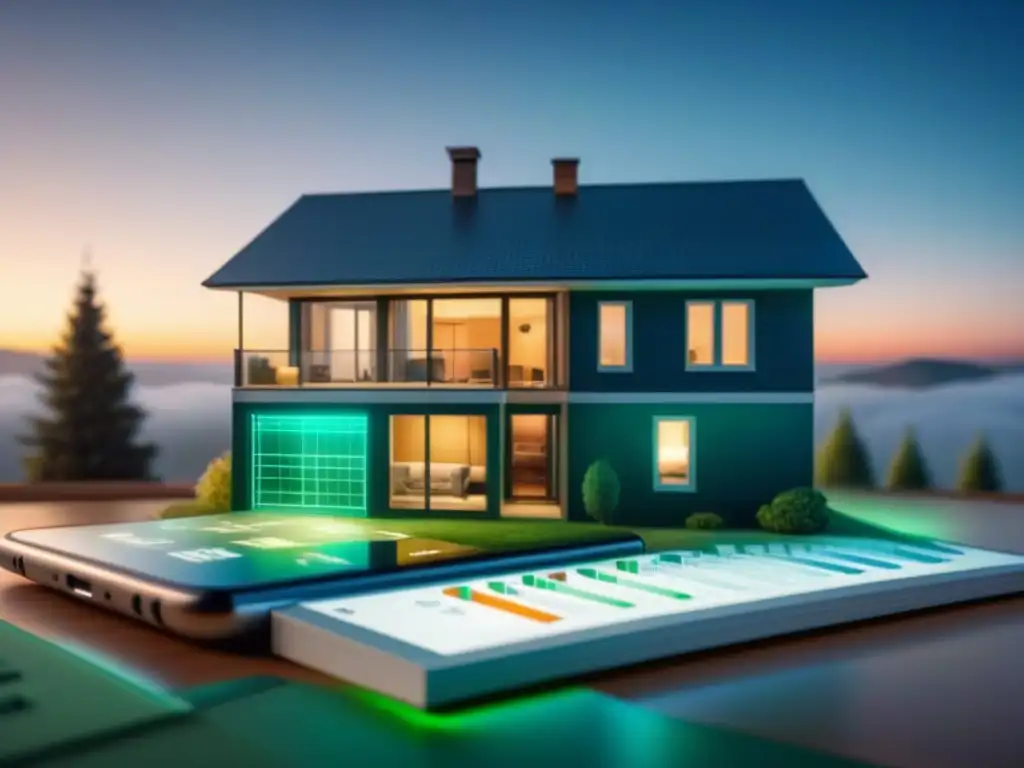 Casas modernas: descubre los costos ocultos en hipotecas Casa moderna con gráficos financieros superpuestos y lentes de aumento resaltando áreas clave