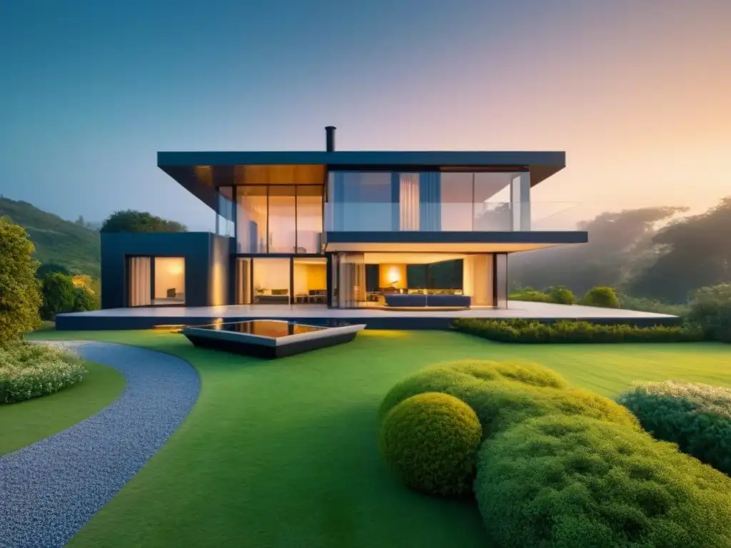 Casa moderna con paneles solares y escudo protector en entorno futurista Una casa moderna con paneles solares, jardín verde y escudo protector flotante, impactando en el refinanciamiento seguro de propiedad