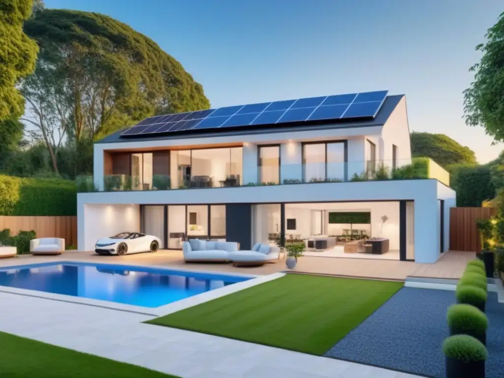 Casa moderna ecofriendly con paneles solares y jardín exuberante Una casa moderna con paneles solares rodeada de un jardín verde, cielo azul y un coche híbrido en la entrada