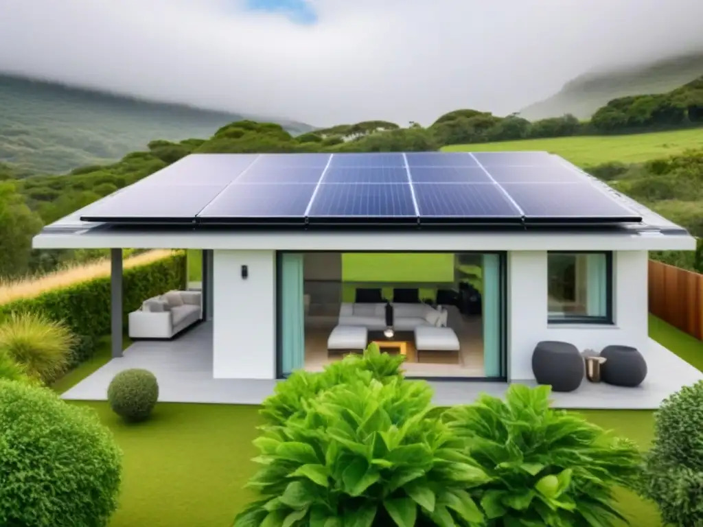 Propiedad sostenible en España con paneles solares y vegetación exuberante Casa moderna con paneles solares, iluminación LED y grandes ventanales en medio de exuberante vegetación