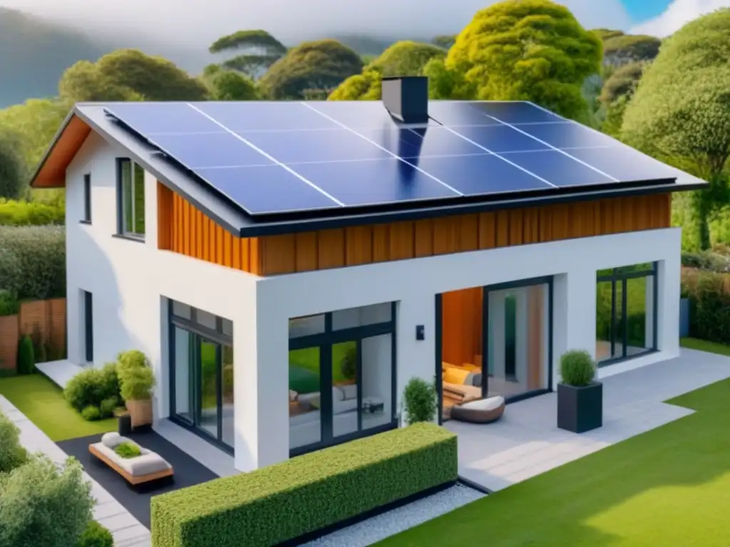 Casa ecológica y tecnológica: comunidad vibrante reduciendo costos Una casa moderna rodeada de vegetación, con paneles solares y propietarios felices discutiendo opciones de seguro
