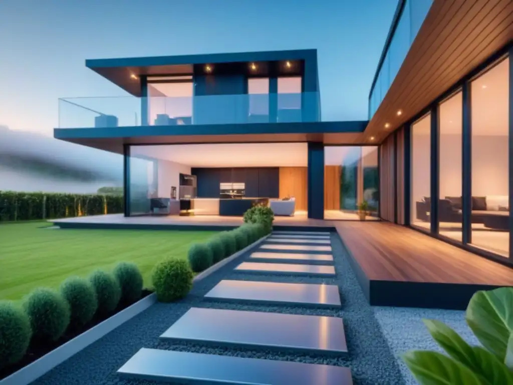 Casa sustentable y tecnológica: domótica y eficiencia energética en 8k Casa moderna sostenible con domótica en construcción sostenible