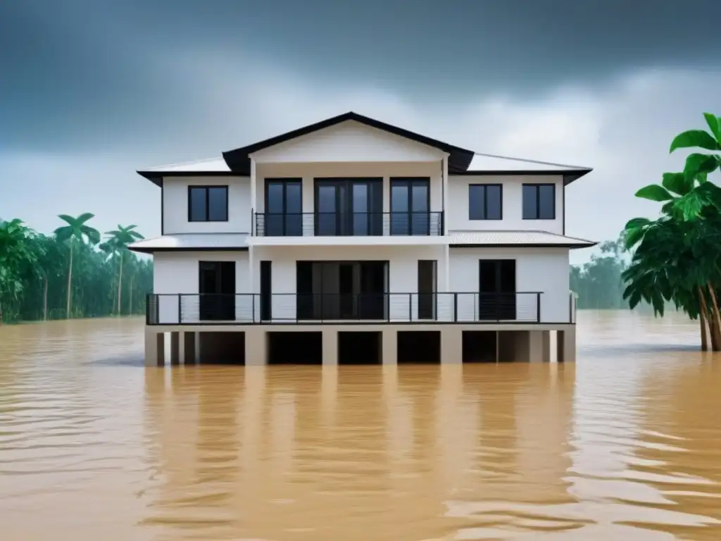 Residencia moderna resistente a inundaciones en zona de riesgo Casa moderna en zona inundable con cobertura de seguros vivienda ante riesgo de inundaciones, rodeada de agua cristalina