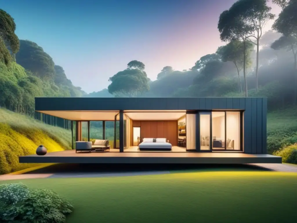 Vivienda modular futurista en paisaje verde Una casa modular futurista integrada en la naturaleza con diseño elegante y eficiente