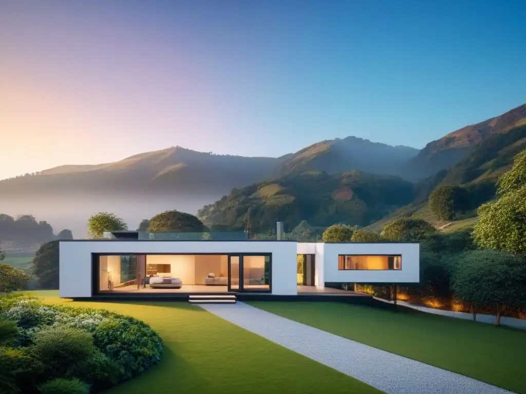 Casa modular de diseño moderno en entorno natural Una casa modular moderna rodeada de vegetación exuberante bajo la suave luz dorada del atardecer