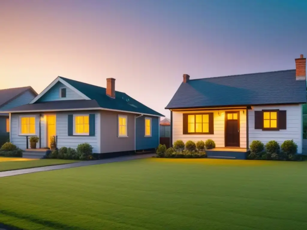 Impacto del mercado inmobiliario en plazo hipotecario: 15 años vs Dos casas, una con '15 años' y la otra con '30 años', rodeadas de elementos del mercado inmobiliario