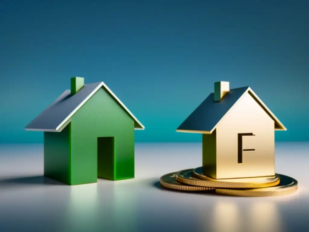 Comparación refinanciamiento: ahorros que suman Dos casas: una llena de signos de dólar y otra perdiéndolos, rodeadas de herramientas financieras