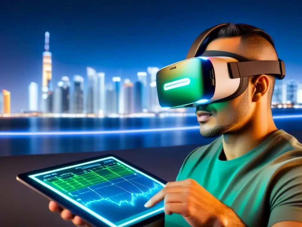 Inmersión psicológica en inversión inmobiliaria digital Un casco de realidad virtual futurista sobre una tableta digital con gráficos de inversión inmobiliaria