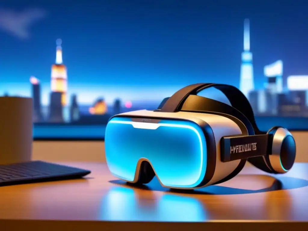 Headset de realidad virtual futurista en escritorio minimalista Un casco de realidad virtual futurista brillante en un escritorio minimalista con luces azules tenues, reflejando innovación en un entorno profesional