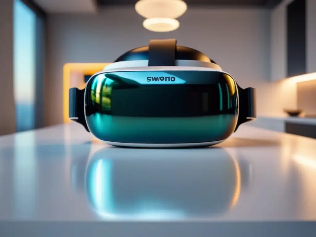 Realidad Virtual de Lujo: Experiencia Inmersiva en Propiedades de Lujo Un casco de realidad virtual moderno en una mesa futurista, reflejando un tour virtual de lujo