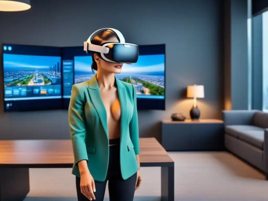 Realidad virtual inmersiva para agentes inmobiliarios Real estate agent usando casco realidad virtual con ventajas tours virtuales mercado inmobiliario