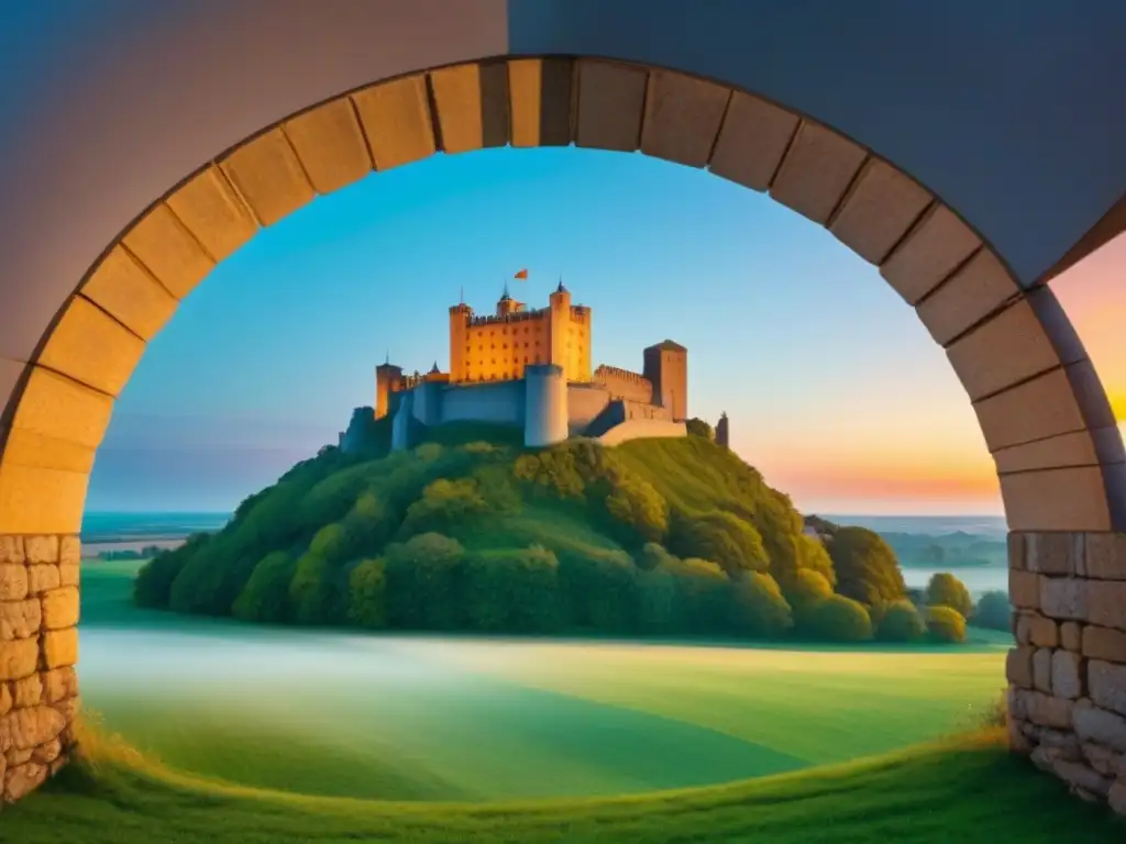 Castillo ancestral y molino eólico: fusión histórica y tecnológica Un castillo antiguo iluminado por el sol junto a una moderna turbina eólica, simbolizando la eficiencia energética en palacetes