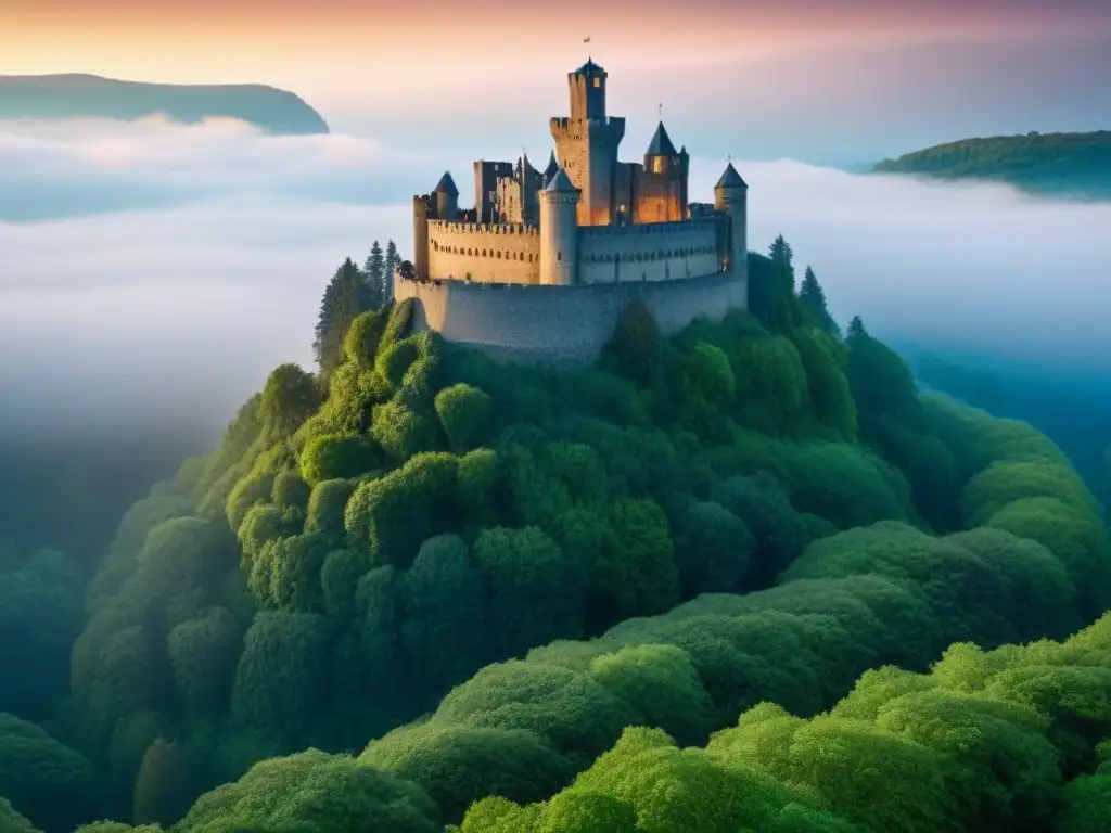 Castillo centenario entre bosque verde: belleza y vulnerabilidad Castillo centenario entre bosque verde, cielo azul y atardecer cálido