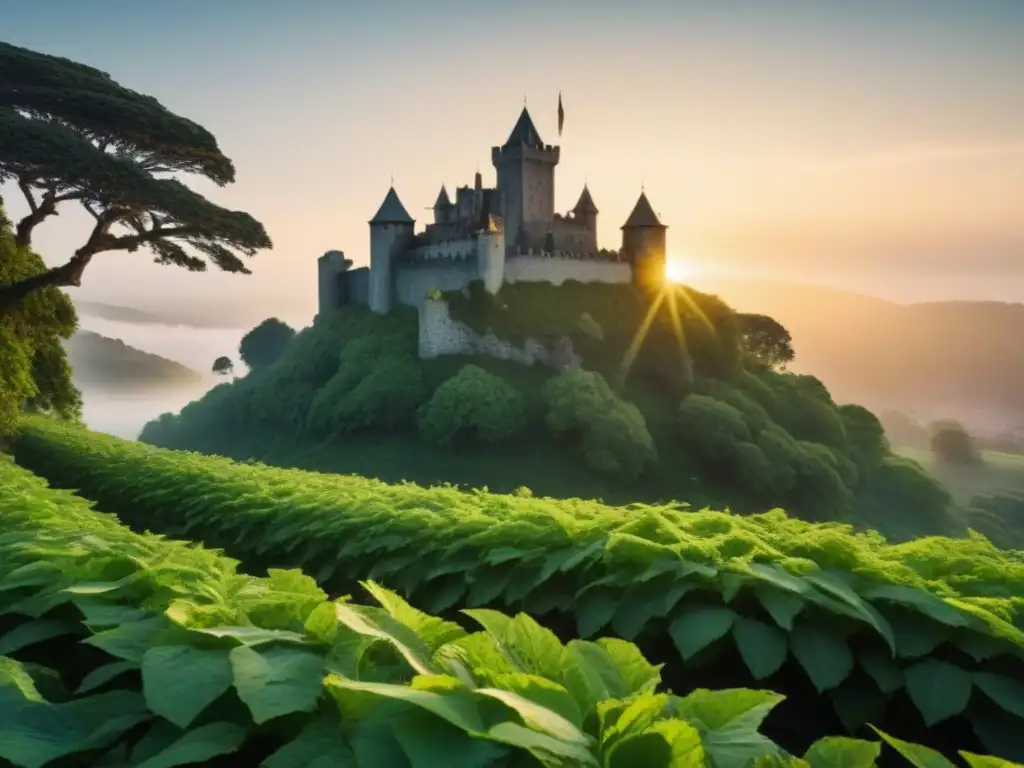 Castillo histórico al atardecer: detalle en 8k Castillo histórico de piedra rodeado de vegetación, iluminado por el sol al atardecer