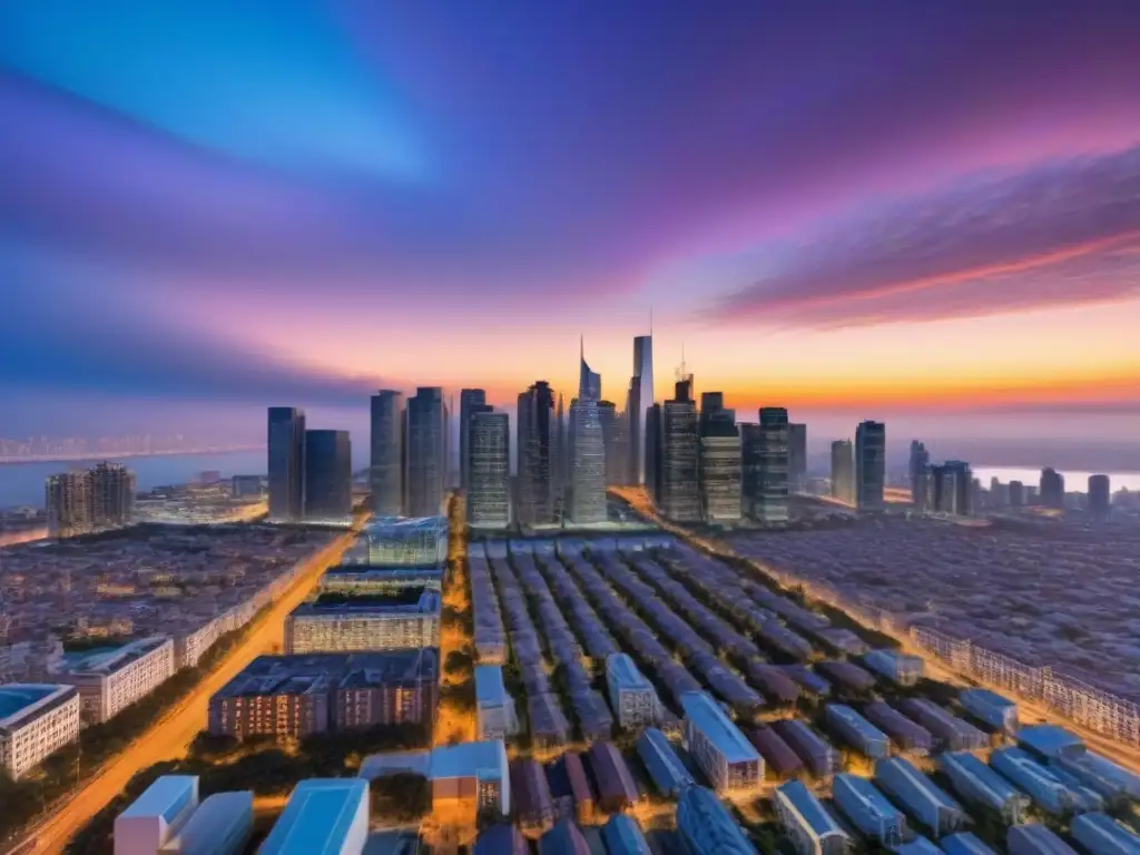 Portafolio inmobiliario diversificado: ciudad moderna al atardecer Una cautivadora cartera inmobiliaria diversificada en estrategias, con un horizonte urbano moderno iluminado al anochecer