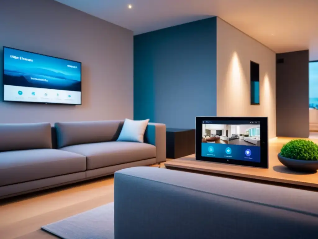 Sistema domótico de alta tecnología para seguridad en el hogar Central de control inteligente en casa moderna, destacando la importancia seguros propietarios gestión riesgos