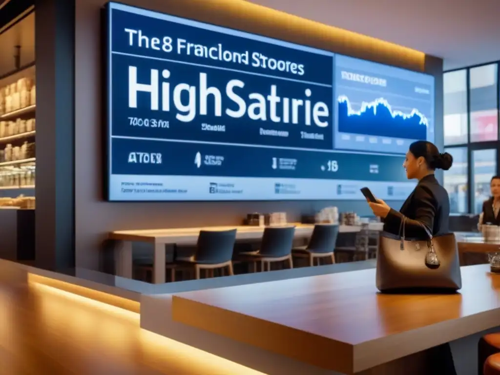 Escena vibrante de inversión y compras en centro comercial moderno Un centro comercial bullicioso con compradores diversos y profesionales debatiendo estrategias de inversión en un café elegante
