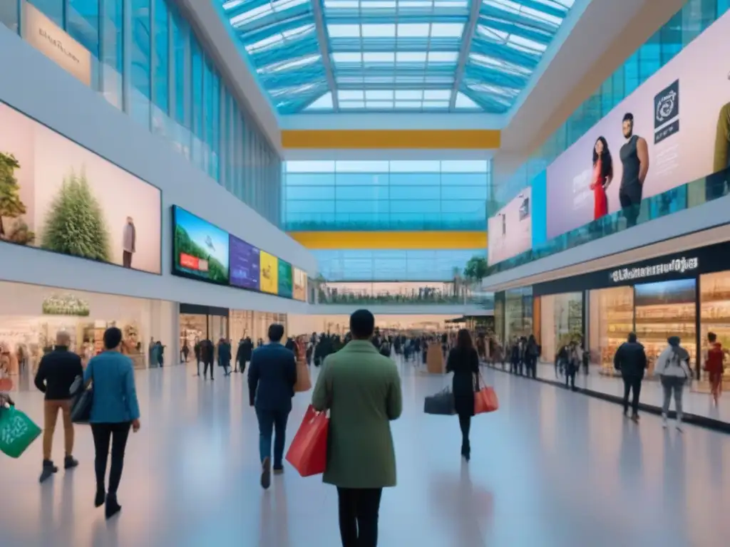 Centro comercial moderno: inclusivo, sostenible y tecnológico Un centro comercial bullicioso con diversidad de personas de todas las edades y orígenes, mostrando arquitectura moderna y sostenibilidad