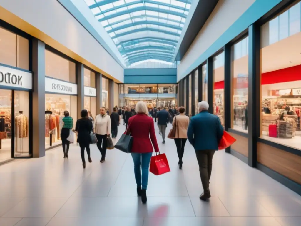 Centro comercial moderno y vibrante: diversidad, compras y comunidad Renovación de centro comercial: diversidad y vitalidad en tiendas y personas, reflejando un ambiente vibrante y acogedor
