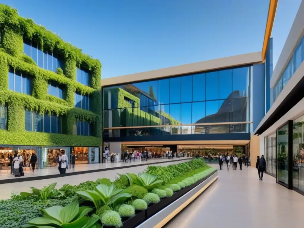 Arquitectura ecofriendly en El Centro Comercial El Bosque Un centro comercial ecoamigable con diseño sostenible, lleno de luz natural y espacios abiertos