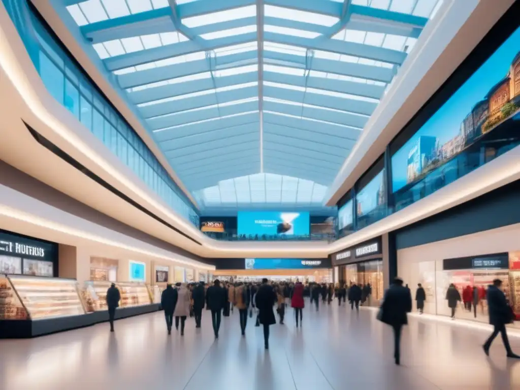 Centro comercial futurista y vibrante con energía internacional Un centro comercial extranjero futurista y bullicioso con compradores de diversas culturas y estilos, reflejando una energía vibrante