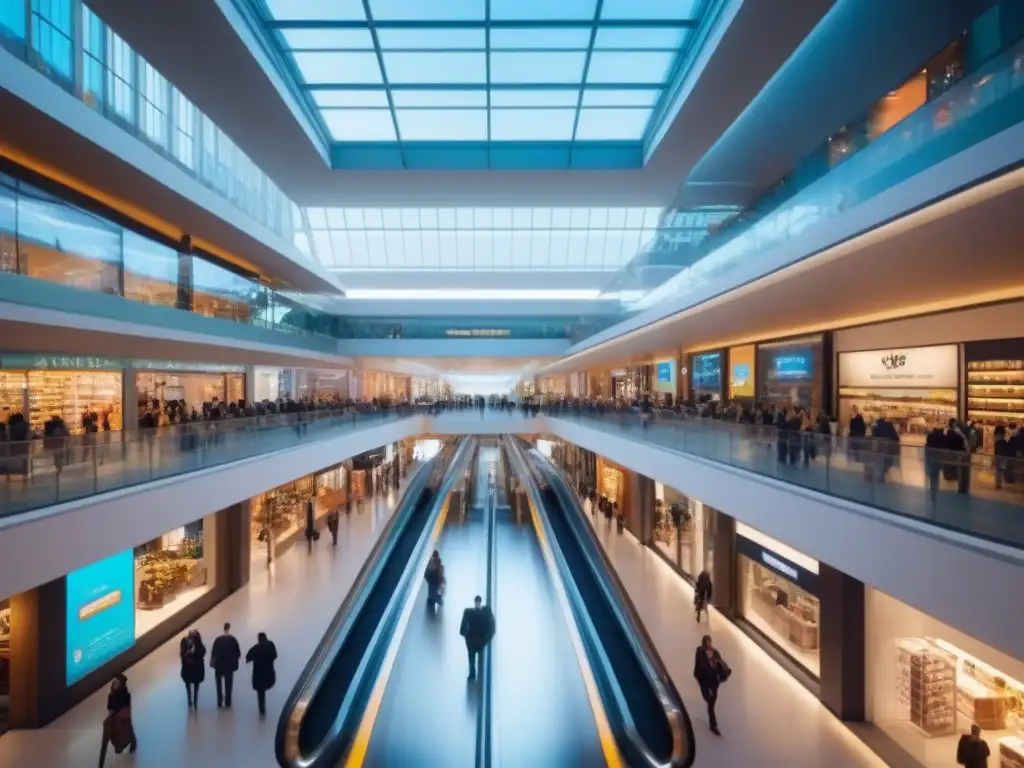Centro comercial futurista: diversidad y dinamismo en cada rincón Un centro comercial futurista con arquitectura de vidrio elegante, lleno de compradores de todas las edades y fondos