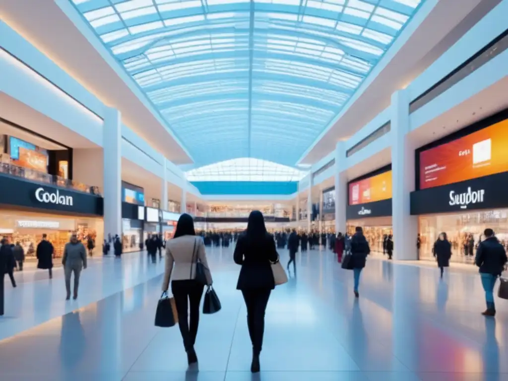 Centro Comercial Futurista: Tecnología, Comercio y Comunidad Centro comercial futurista con arquitectura moderna, compradores diversos y alta tecnología