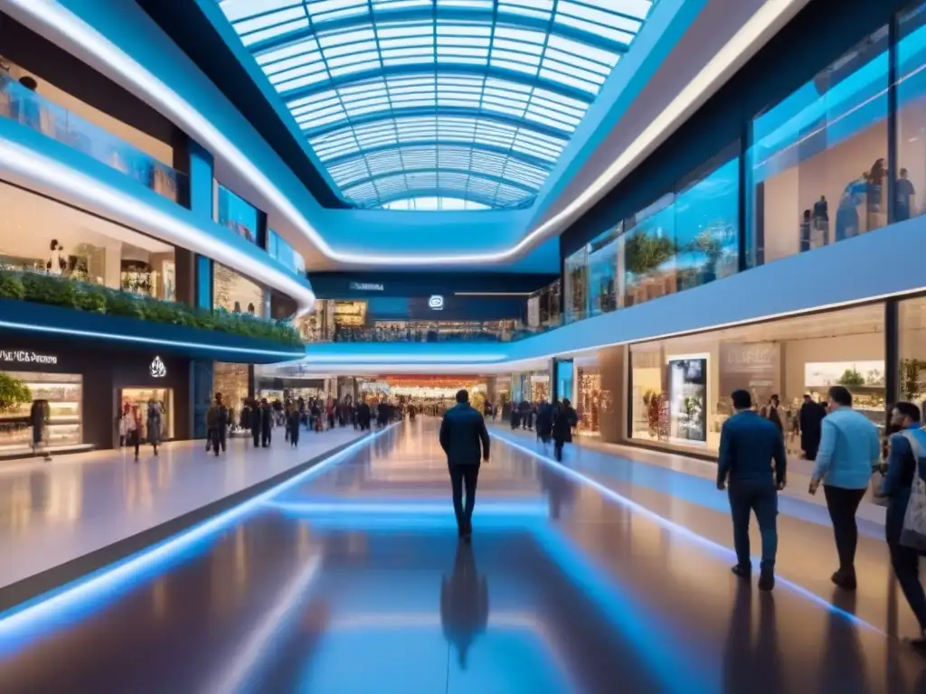 Centro comercial futurista: innovación y tecnología en perfecta armonía Un centro comercial futurista con arquitectura de vidrio elegante, luces LED brillantes y multitudes de compradores diversos