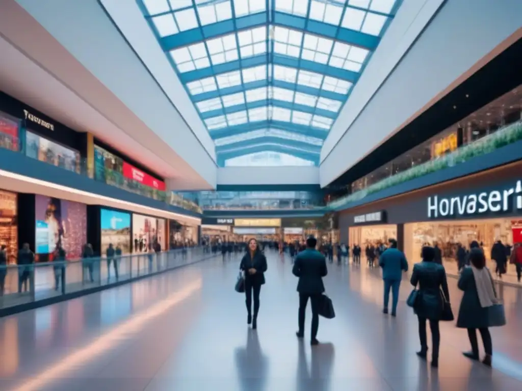 Centro comercial futurista: oportunidades emergentes en retail Un centro comercial futurista y bullicioso, con arquitectura moderna, pantallas digitales y diversidad de personas