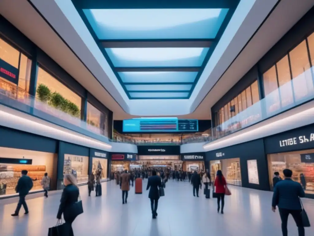 Centro comercial futurista: inversión y tecnología en 8k Un centro comercial futurista con diseño arquitectónico elegante, mostrando a compradores y pantallas digitales con datos financieros
