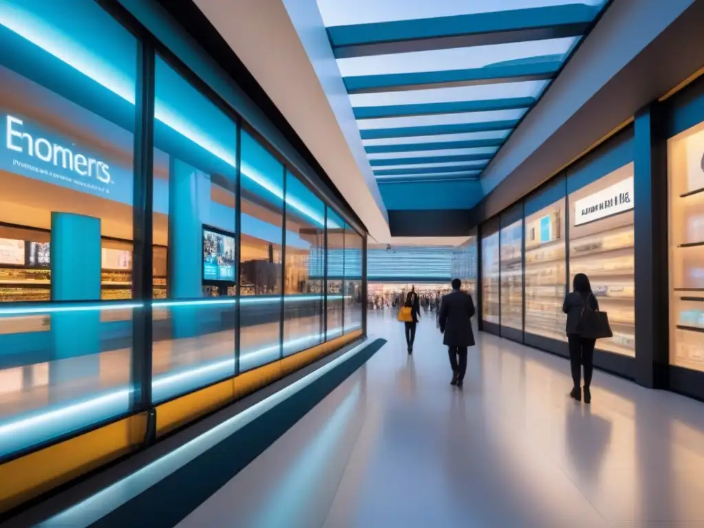 Mall futurista: arquitectura contemporánea y tecnología digital Un centro comercial futurista con diseño arquitectónico contemporáneo y elementos digitales integrados