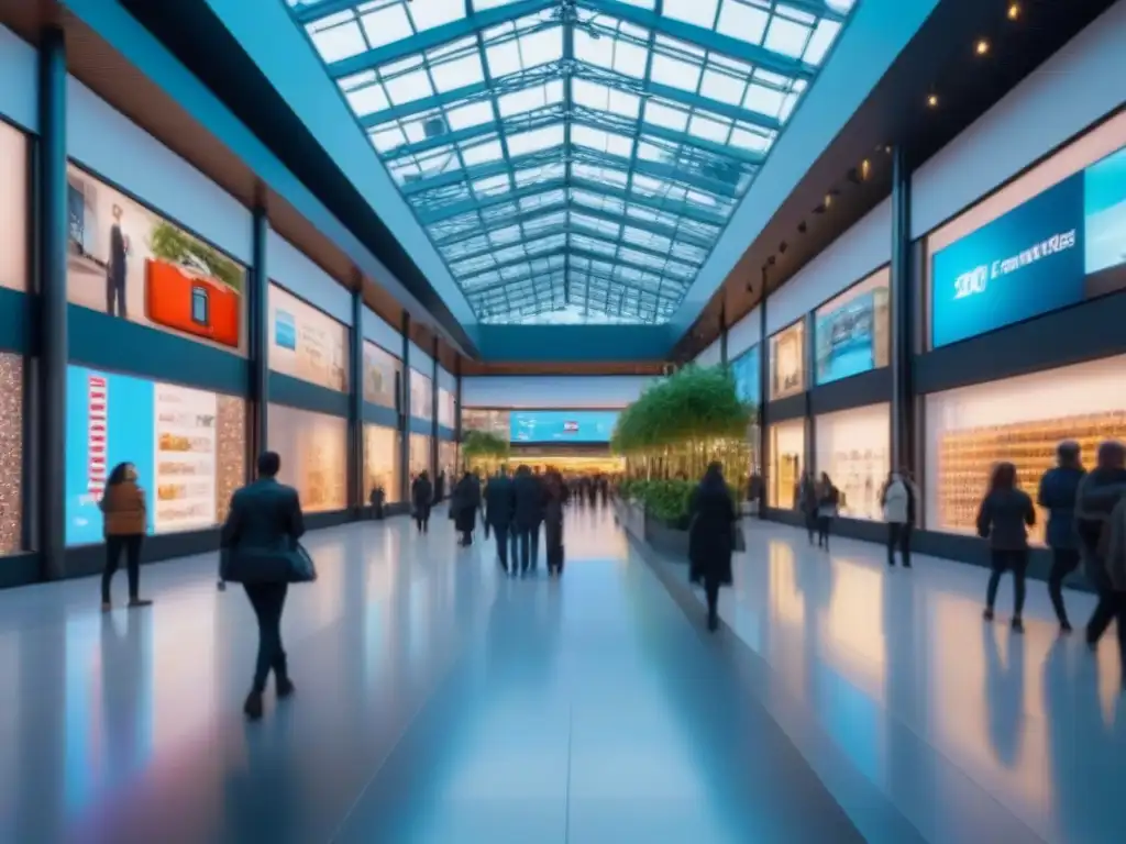 Centro comercial futurista: tecnología, diversidad y arte Un centro comercial futurista con diseños de vidrio, tecnología digital y multitudes diversas, reflejando innovación en el retail moderno