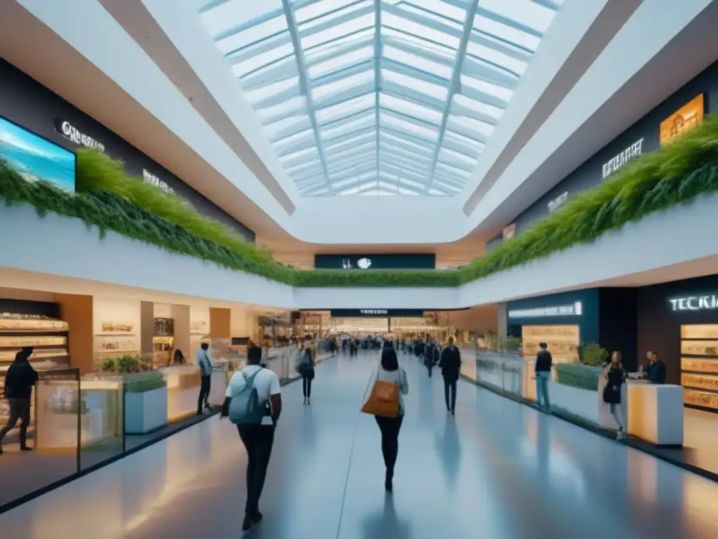 Centro comercial futurista 8K: vibrante y sostenible para la Generación Z Un centro comercial futurista con diseño espacios comerciales generación Z: techsavvy, vibrante y sostenible