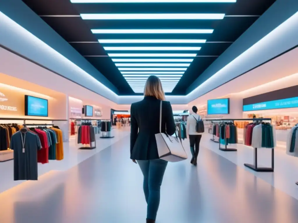 Centro comercial del futuro: hologramas interactivos y asistentes robóticos Un centro comercial futurista con hologramas interactivos y asistentes robóticos, fusionando la tecnología y las compras físicas