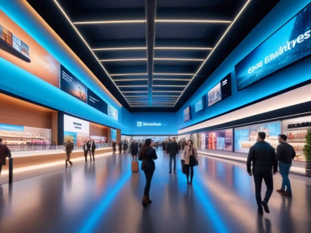 Centro comercial futurista: tecnología avanzada y ambiente vibrante Un centro comercial futurista lleno de tecnología avanzada, donde las estrategias de inversión inmobiliaria avanzadas cobran vida