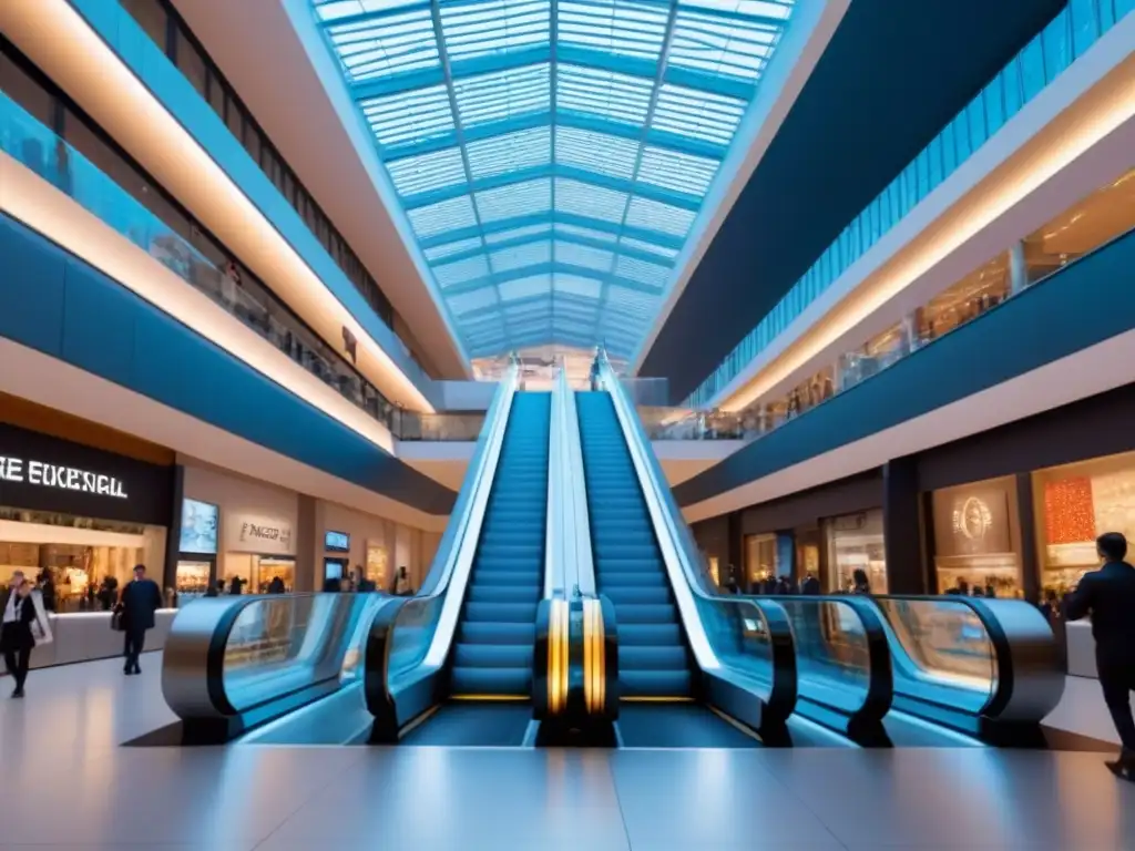 Centro comercial futurista: modernidad y diversidad en acción Un centro comercial futurista lleno de energía, con escaleras de cristal y clientes diversos