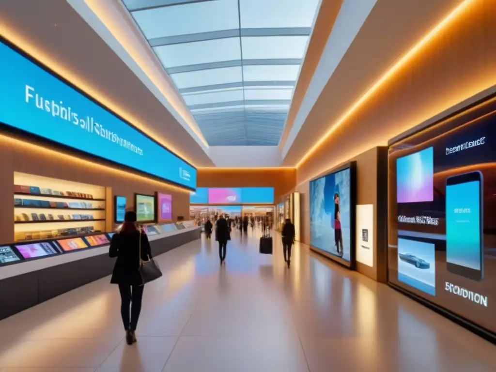 Centro comercial del futuro: Experiencia de compra digital inmersiva Un centro comercial futurista integrando tecnología avanzada, estrategias de inversión inmobiliaria avanzadas y experiencias digitales inmersivas
